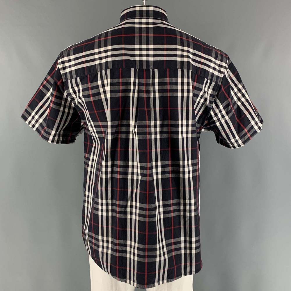 BURBERRY Navy White & Red Plaid Cotton Button Down Short Sleeve Shirt - Picture 3 of 7